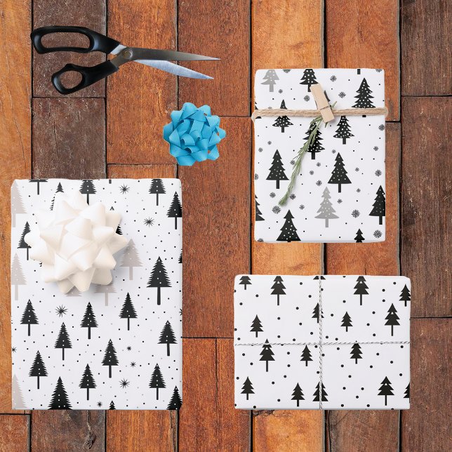 Black White Monochrome Christmas Trees Minimal  Wrapping Paper Sheets (Creator Uploaded)
