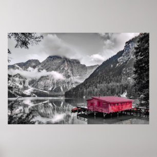 Black White Monochrome Mountain Red House Poster