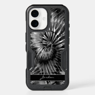 Black & White Monochrome Retro Tie Dye with Name iPhone 16 Case