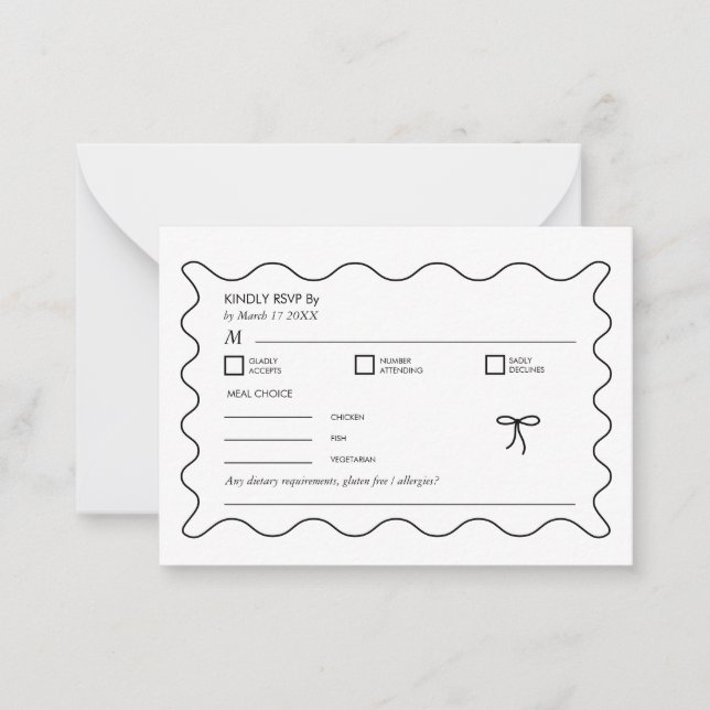 Black & White Monochrome Wavy Curve QR Code RSVP Note Card (Front)