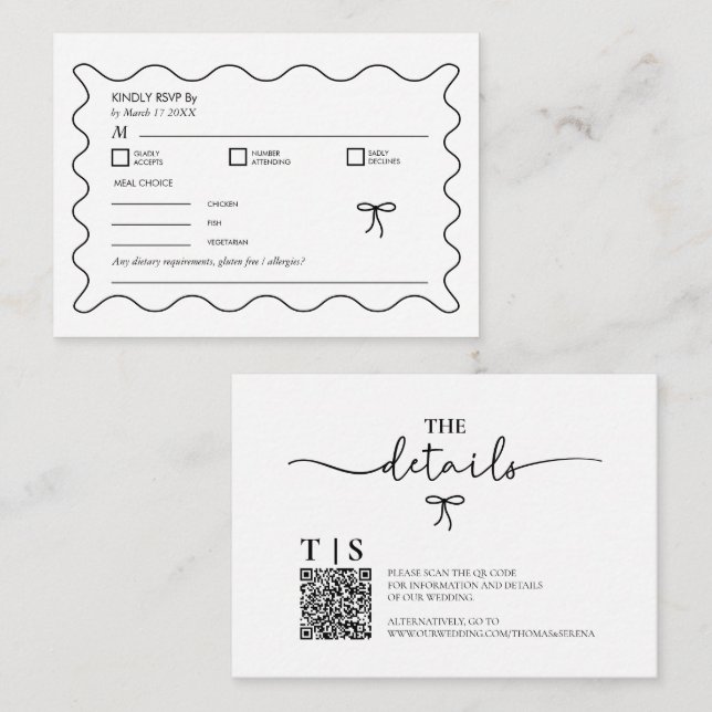 Black & White Monochrome Wavy Curve QR Code RSVP Note Card (Front/Back)