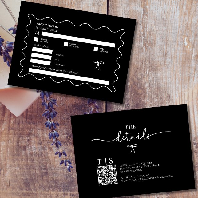 Black & White Monochrome Wavy Curve QR Code RSVP Note Card (Creator Uploaded)