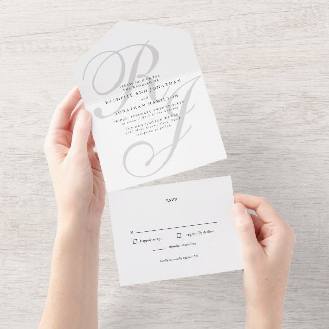 Black White Monogram All In One Wedding Invitation (Tearaway)