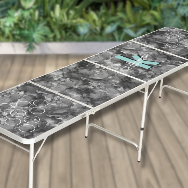 Black White Monogram Beer Pong Table (Fun Black Watercolor Marble Name Initial Monogram Beer Pong Table)