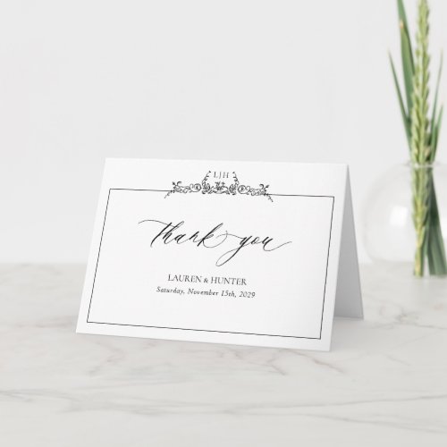 Black White Monogram Border Wedding Thank You Card