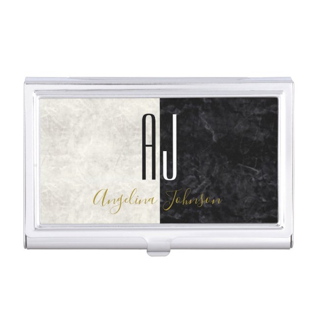 Black White Monogram Business Card Case (Front)