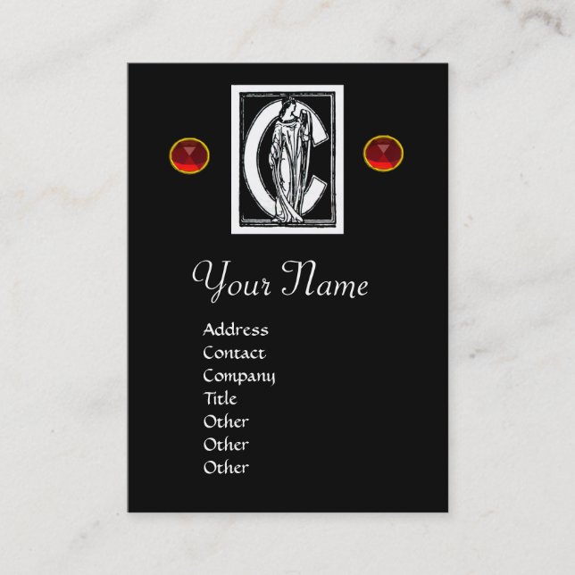 BLACK WHITE MONOGRAM C LETTER,RED RUBY GEM BUSINESS CARD (Front)