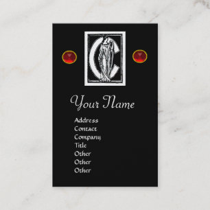 BLACK WHITE MONOGRAM C LETTER,RED RUBY GEM Pearl Business Card