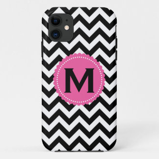Black White Monogram Chevron Pattern iPhone 11 Case