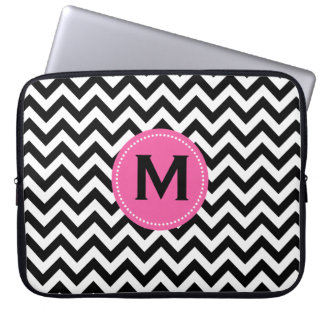 Black White Monogram Chevron Pattern Laptop Sleeve