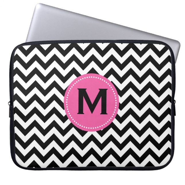 Black White Monogram Chevron Pattern Laptop Sleeve (Front)