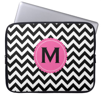 Black White Monogram Chevron Pattern Laptop Sleeve