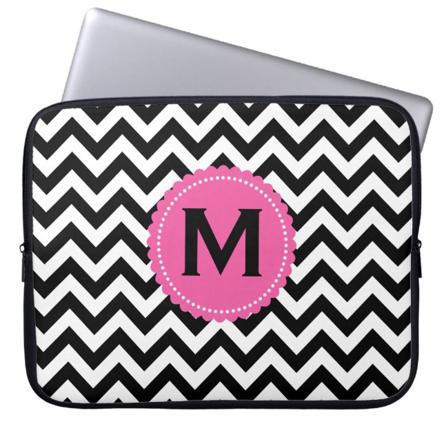 Black White Monogram Chevron Pattern Laptop Sleeve (Front)