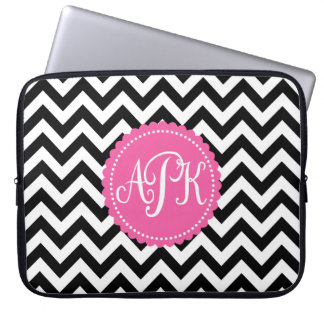 Black White Monogram Chevron Pattern Laptop Sleeve