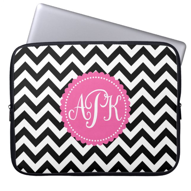 Black White Monogram Chevron Pattern Laptop Sleeve (Front)