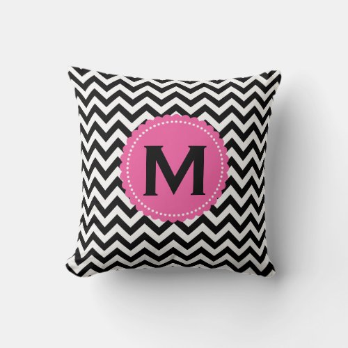 Black White Monogram Chevron Pattern Throw Pillow