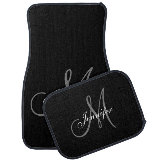 Black White Monogram Chic Elegant Script Car Floor Mat