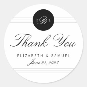 Black White Monogram Circle Thank You Stickers