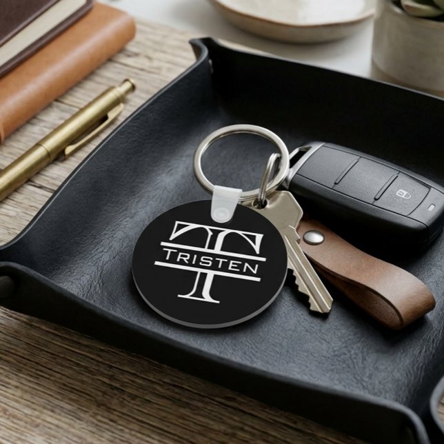 Black White Monogram Classic Name Keychain (Creator Uploaded)