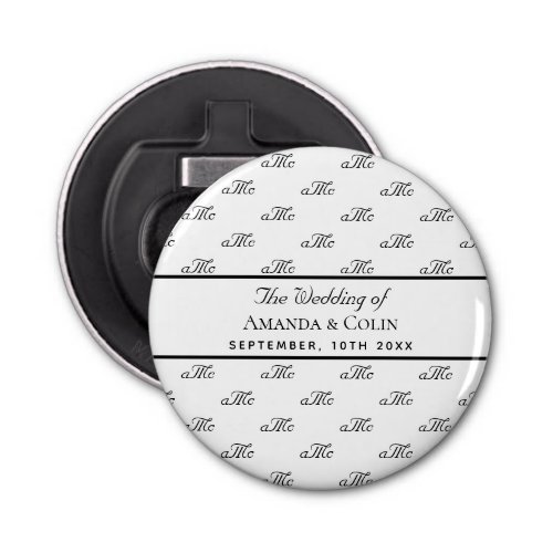 Black white monogram couple initials wedding bottle opener