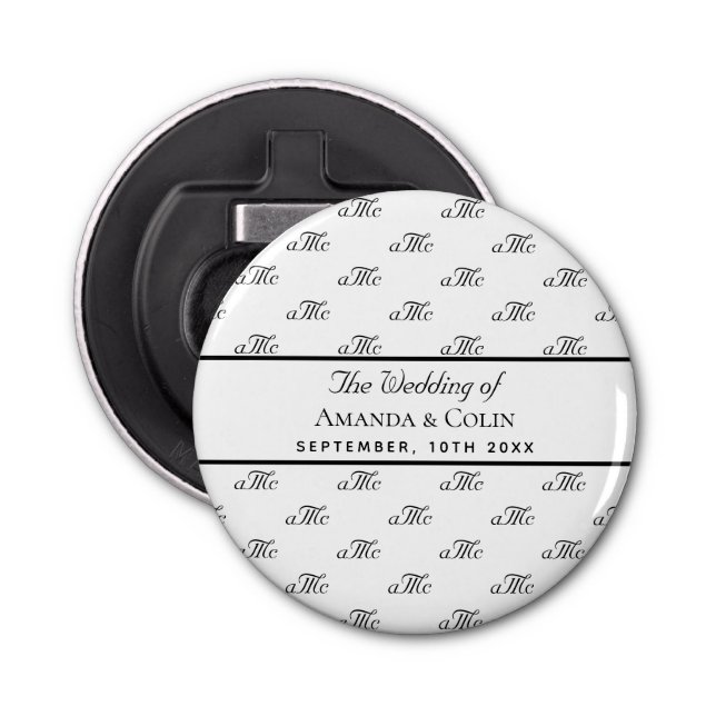 Black white monogram couple initials wedding bottle opener (Front)