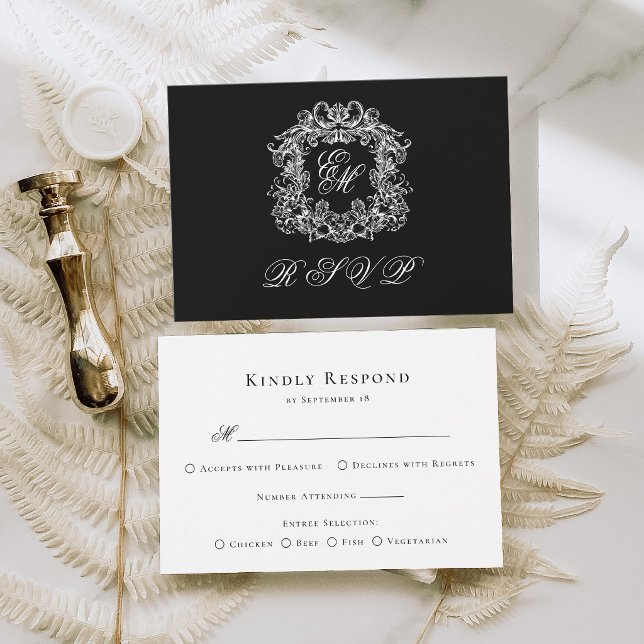 Black White Monogram Crest Elegant Wedding RSVP Card (Creator Uploaded)
