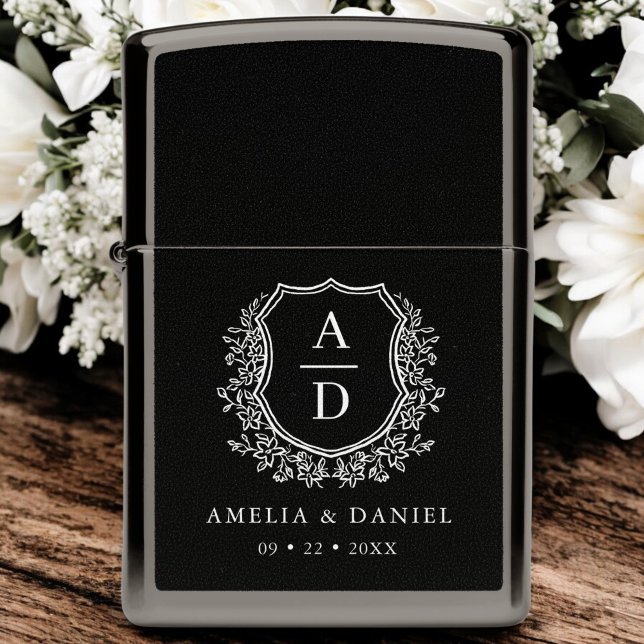 Black White Monogram Crest Elegant Wedding Zippo Lighter (Creator Uploaded)