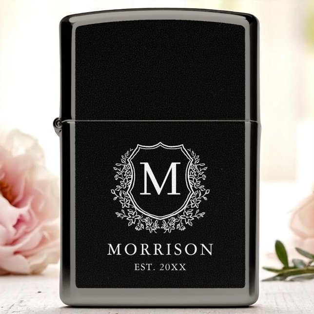 Black White Monogram Crest Elegant Wedding Zippo Lighter (Creator Uploaded)