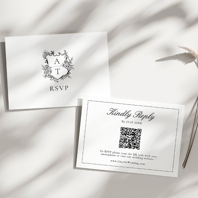 Black White Monogram Crest Wedding QR Code RSVP Enclosure Card (Creator Uploaded)