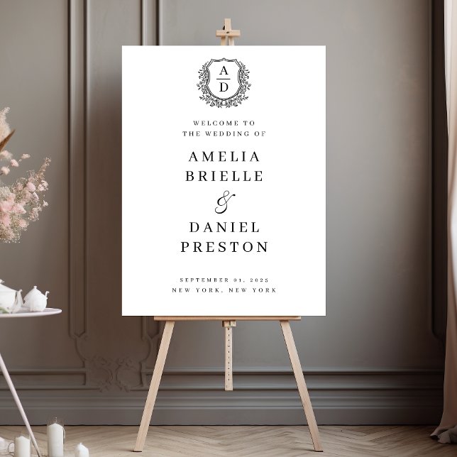 Black White Monogram Crest Wedding Welcome Sign (Creator Uploaded)