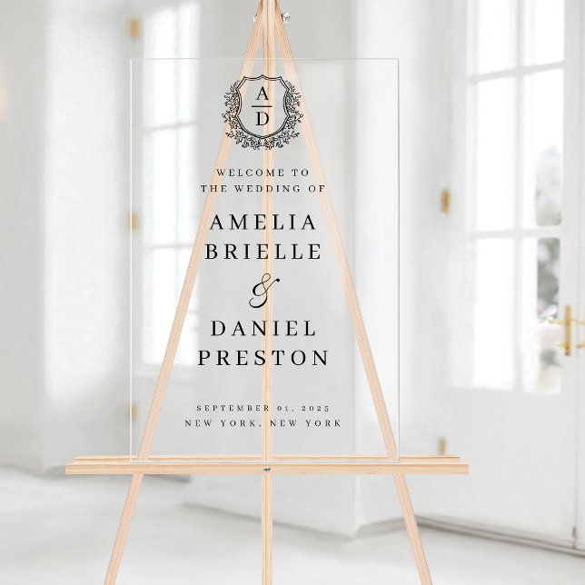 Black White Monogram Crest Wedding Welcome Sign (Creator Uploaded)