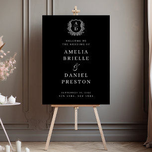 Black White Monogram Crest Wedding Welcome Sign