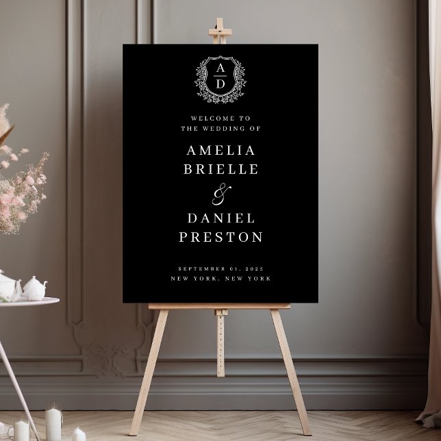 Black White Monogram Crest Wedding Welcome Sign (Creator Uploaded)
