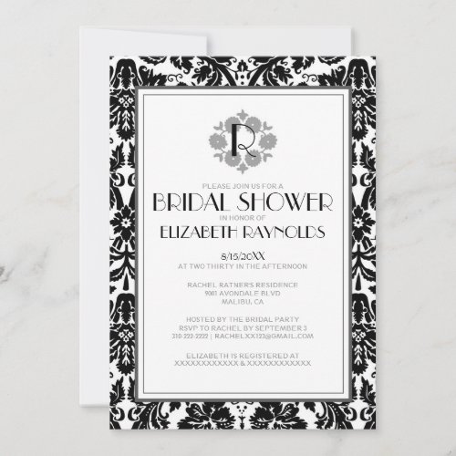 Black &amp; White Monogram Damask Bridal Shower Invite