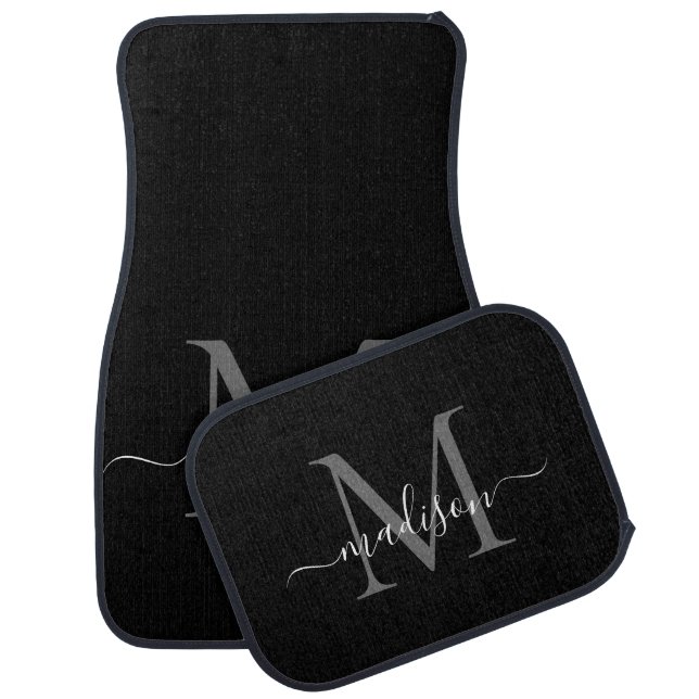 Black White Monogram Elegant Classic Chic Script Car Floor Mat (Set)