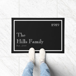 Black White Monogram Family Name House Number Doormat