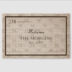 Black White Monogram Family Name House Number Fiber Doormat