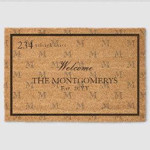 Black White Monogram Family Name House Number Fiber Doormat