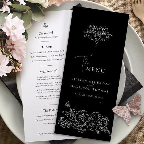 Black white monogram fleur de lis wedding menu
