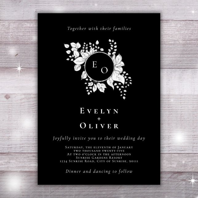 Black White Monogram Floral Crest Elegant Wedding Invitation (Creator Uploaded)