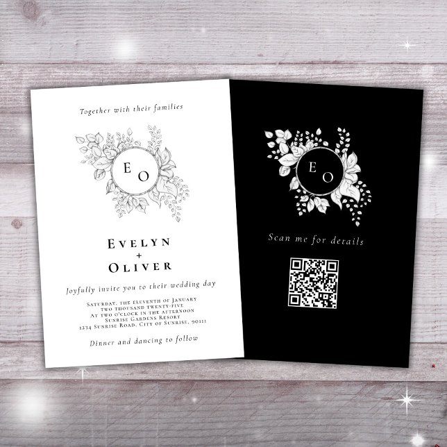 Black White Monogram Floral QRCode Elegant Wedding Invitation (Creator Uploaded)