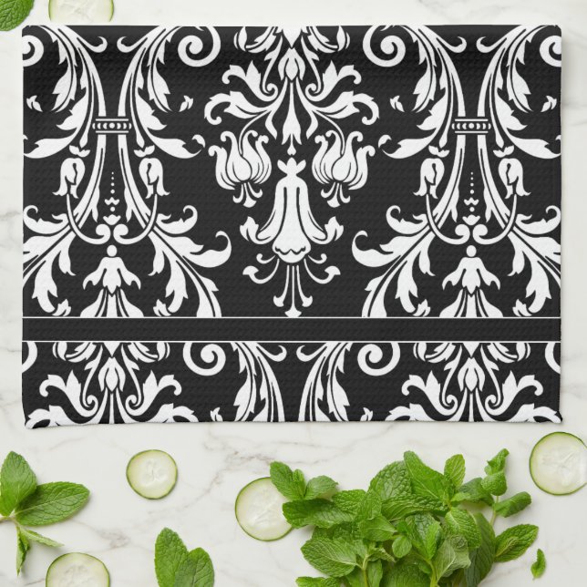 Black White Monogram Floral Swirl Damask Kitchen Towel (Folded)