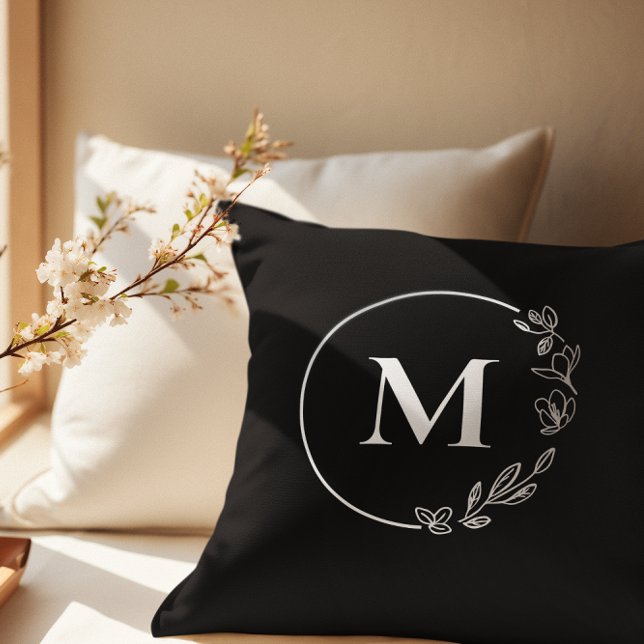 Black White Monogram Floral wreath personalized Throw Pillow (Modern, timeless personalized monogram black and white accent pillow.)
