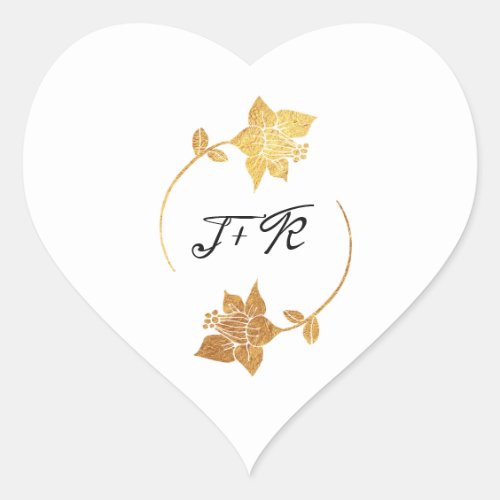 Black White Monogram Gold Flowers Initial Elegant Heart Sticker