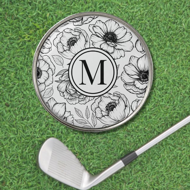 Black White Monogram Golf Ball Marker (Black White Floral Monogram golf ball marker)