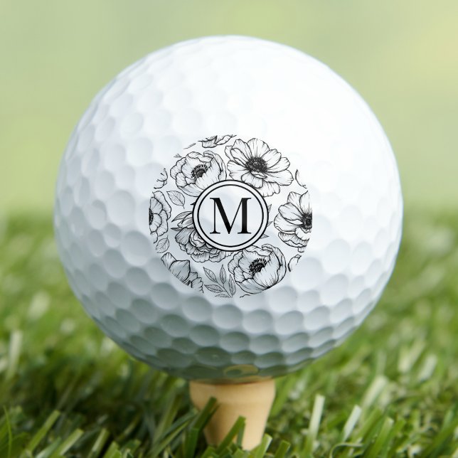 Black White  Monogram Golf Balls (Black White Floral Monogram Golf Balls)