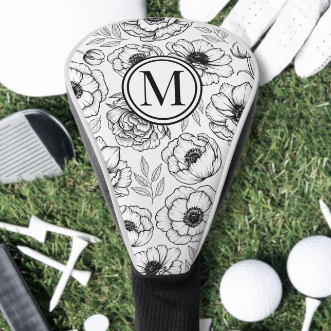 Black White Monogram Golf Head Cover (Black White Floral Monogram Golf Head Cover)