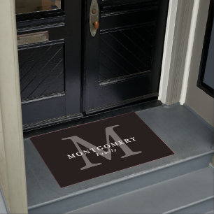 Black White Monogram Gray Elegant Chic Family Name Doormat