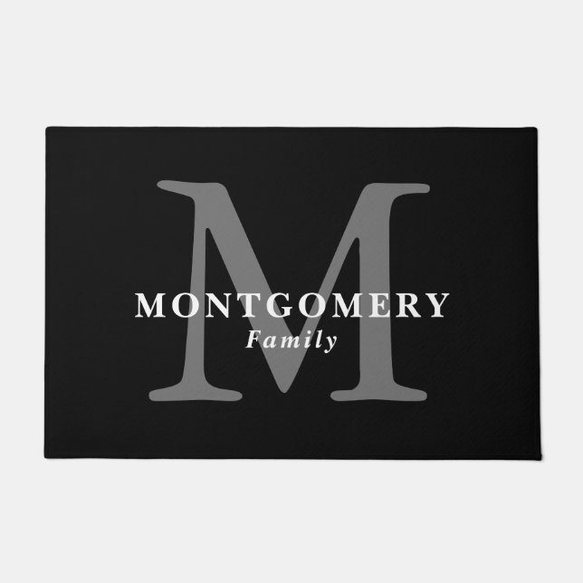 Black White Monogram Gray Elegant Chic Family Name Doormat (Front)