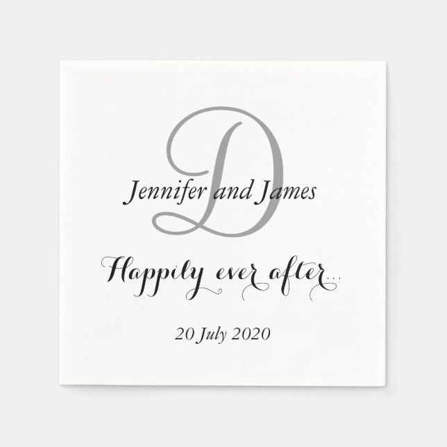 Black White Monogram Happily Ever After Napkins (Front)